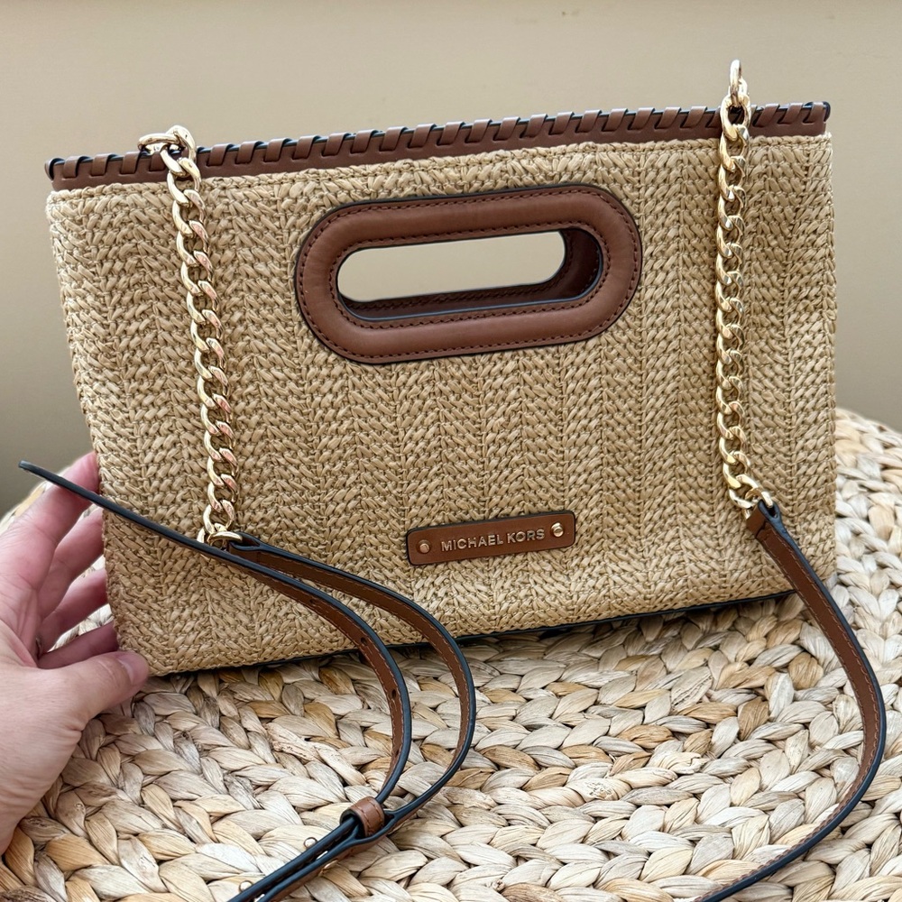 MICHAEL KORS jute straw genuine leather trimmed hand bag crossbody shoulder bag